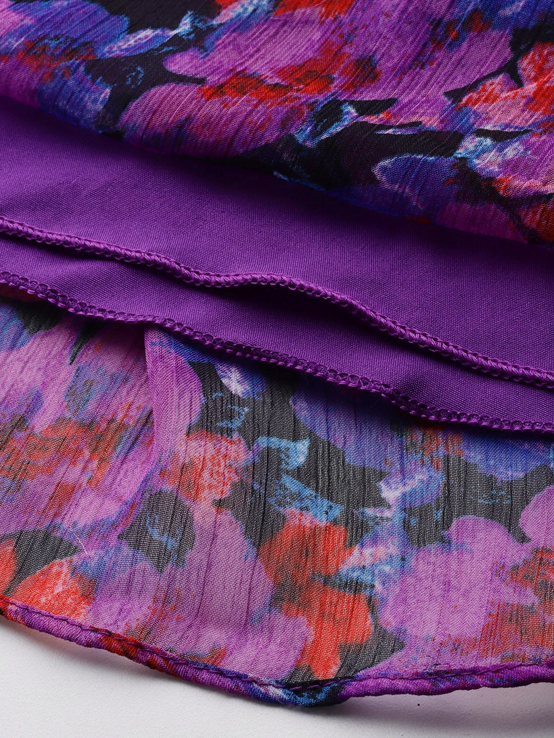 Antheaa Floral Print Tie-Up Neck Puff Sleeve Chiffon A-Line Dress