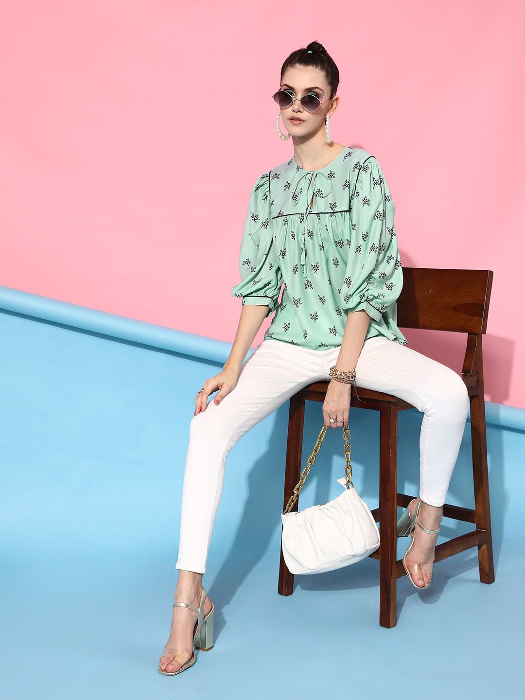 STREET 9 Green Floral Print Crepe Top