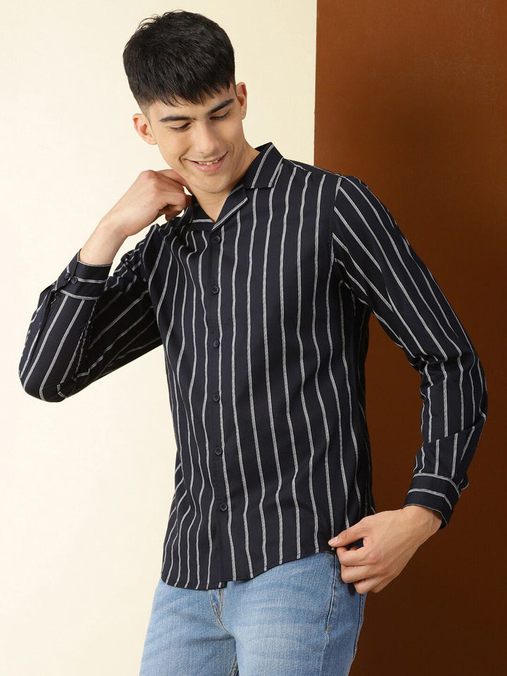 Thomas Scott Classic Vertical Stripes Cuban Collar Cotton Casual Shirt