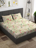 Story@home Ventura Cream Green Floral 144 TC Cotton Queen Bedsheet with 2 Pillow Covers
