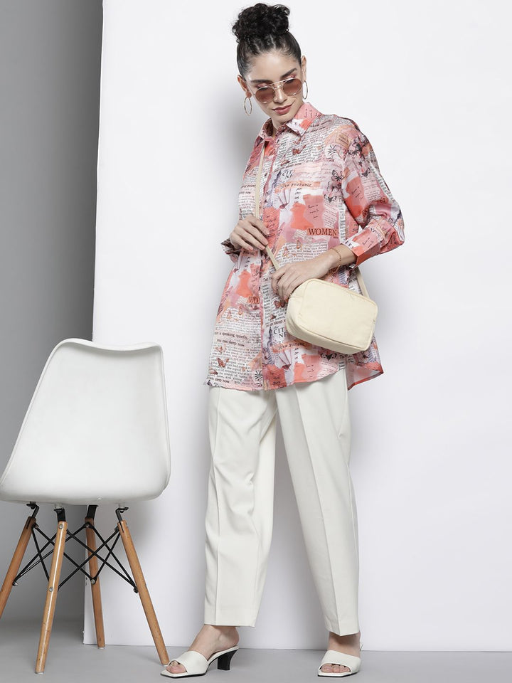 SASSAFRAS Women Beige Comfort Newspaper Printed Casual Shirt