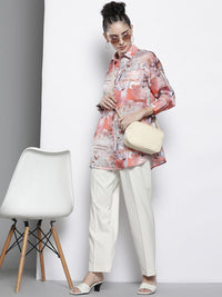 SASSAFRAS Women Beige Comfort Newspaper Printed Casual Shirt