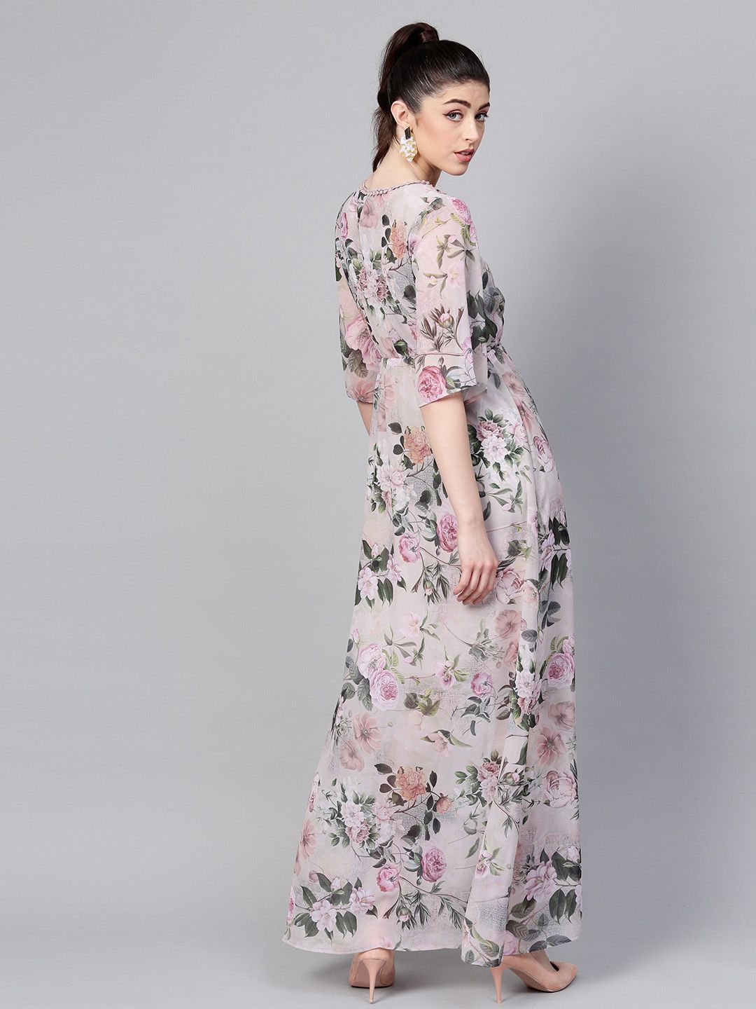 SASSAFRAS Taupe & Green Floral Printed Maxi Dress
