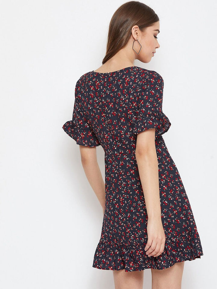 Berrylush Women Navy Blue & Red Micro Floral Printed Fit and Flare Dress