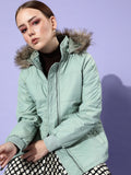 DressBerry Women Green Solid Faux Fur Trim Hooded Parka Jacket
