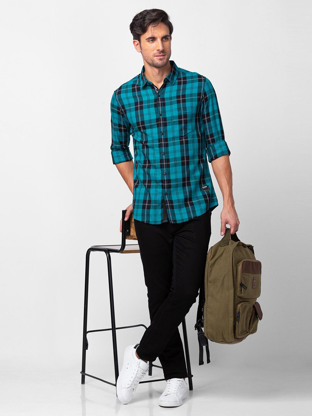 SPYKAR Men Slim Fit Tartan Checks Baju Kasual Berpetak