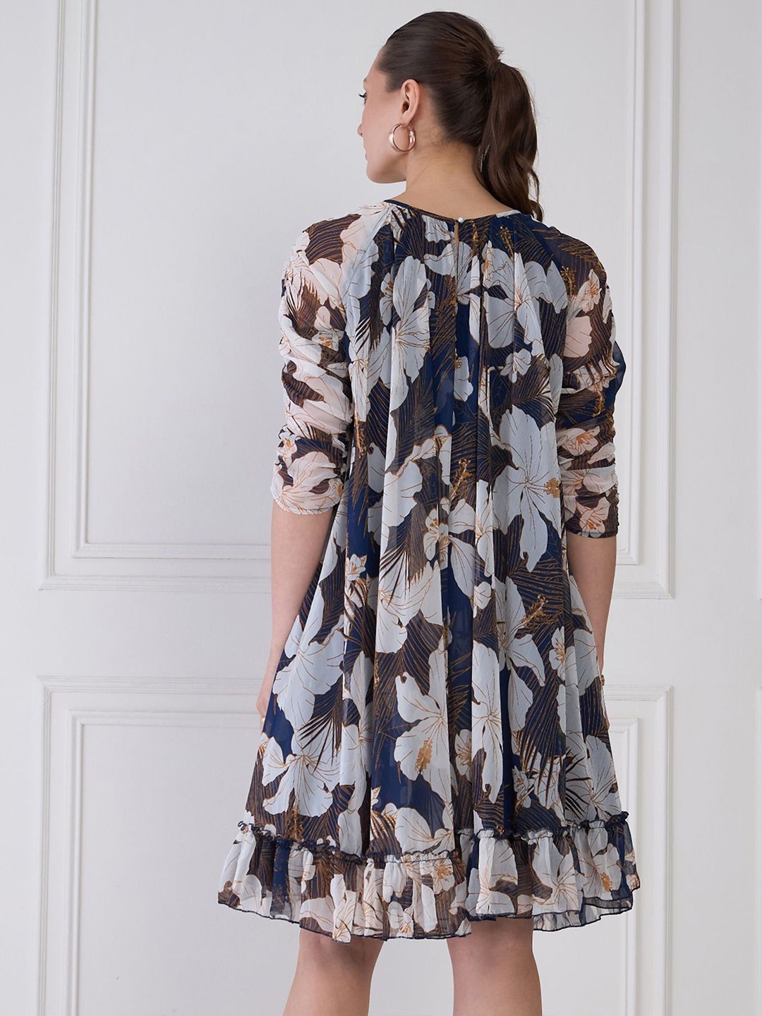 Antheaa Floral Print Keyhole Neck Chiffon Fit & Flare Dress