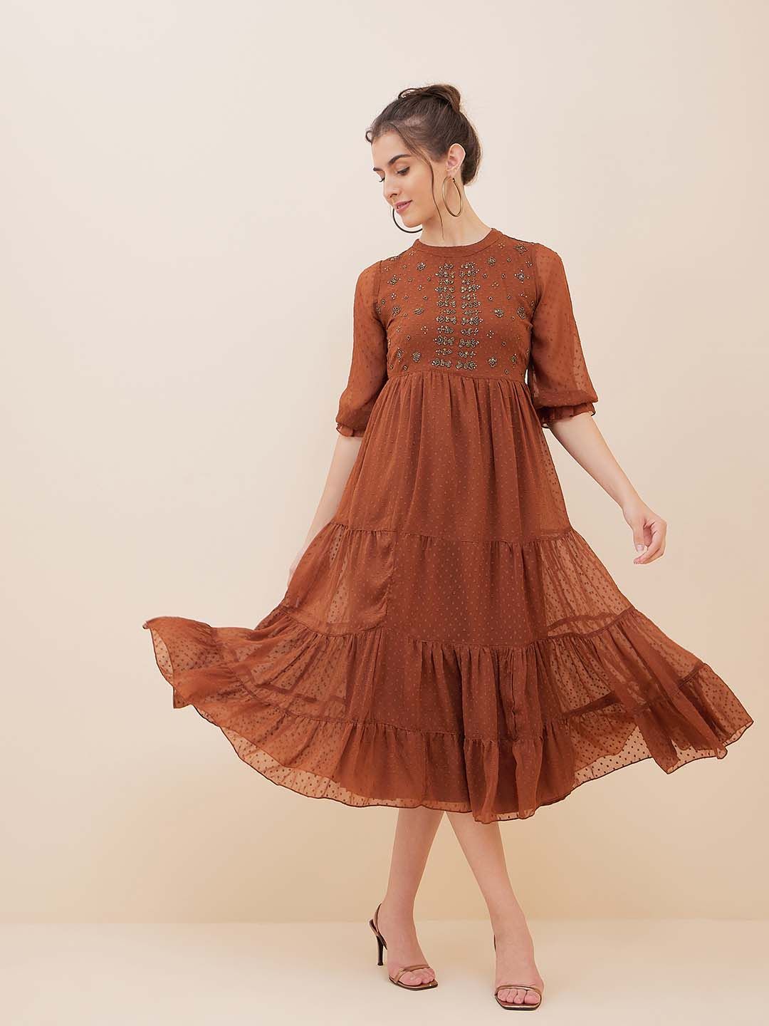 Antheaa Brown Dobby Woven Embellished Maxi Tiered Dress