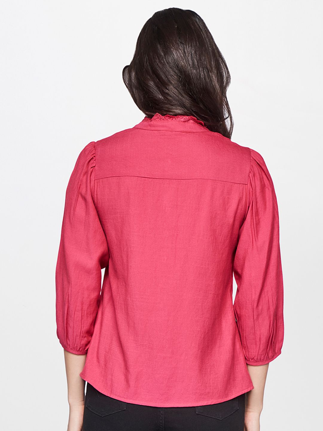 AND Coral Pink Solid High Neck Regular Top