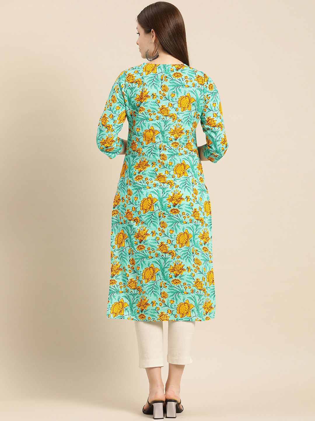 Anouk Women Sea Green & Yellow Floral Printed Keyhole Neck Pure Cotton Kurta
