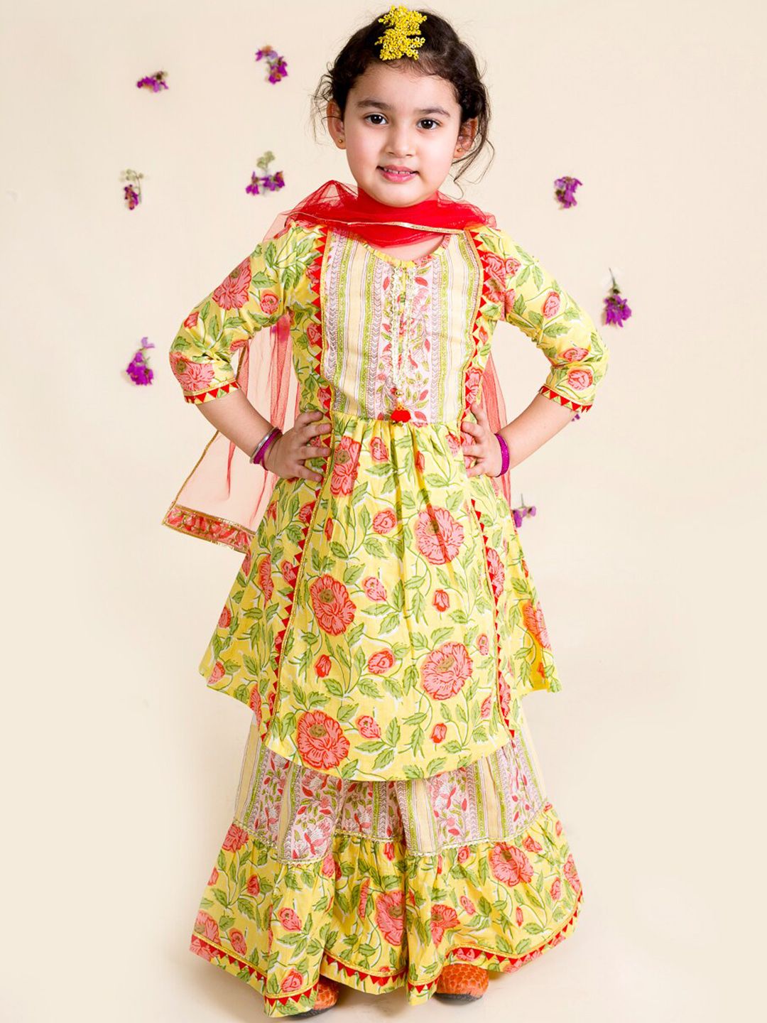 pspeaches Girls Yellow Floral Printed Pleated Pure Cotton Kurta with Sharara & With Dupatta