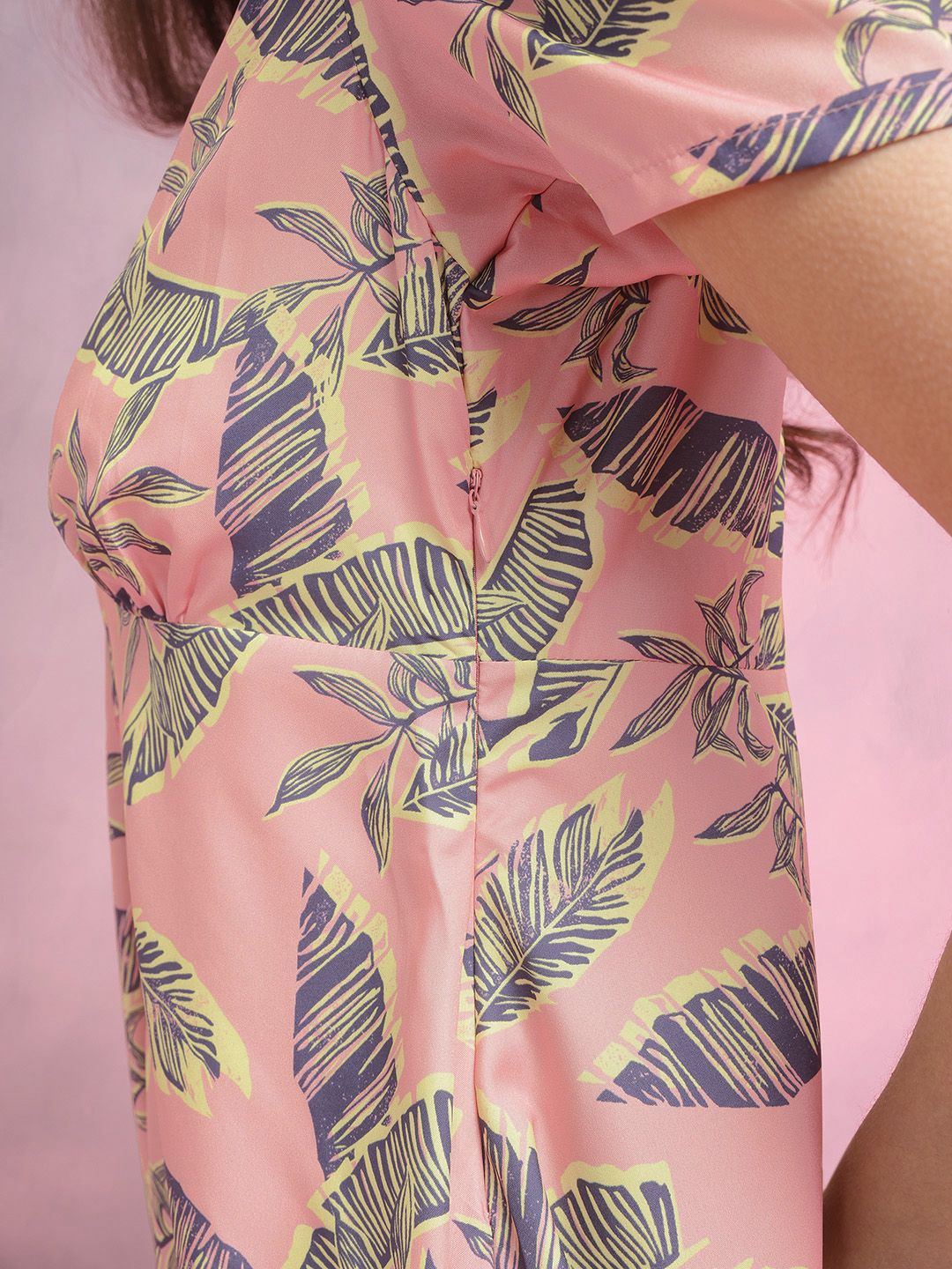 DressBerry Tropical Print Puff Sleeve Empire Midi Dress