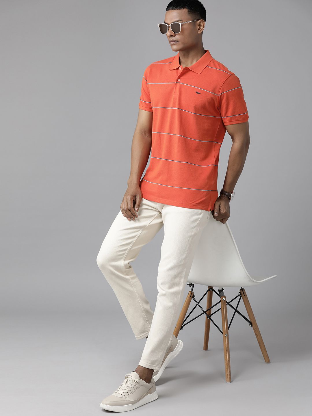 Park Avenue Men Striped Polo Collar Slim Fit T-shirt