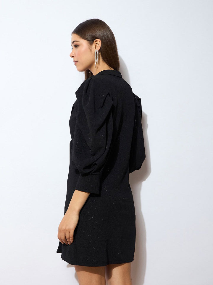 SASSAFRAS Black Self Design V-Neck Puff Sleeves Sheath Dress