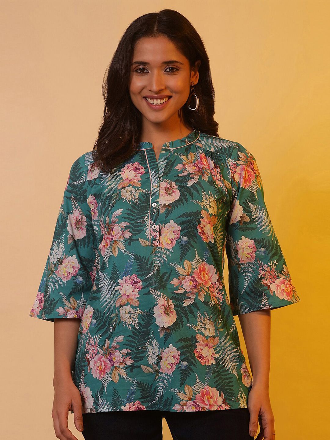 AURELIA Floral Printed Mandarin Collar Pure Cotton Kurti