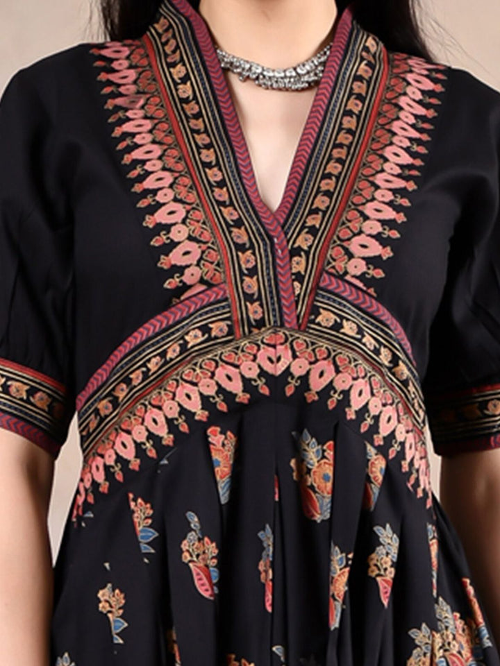 Rustorange Floral A-Line Midi Rayon Dress