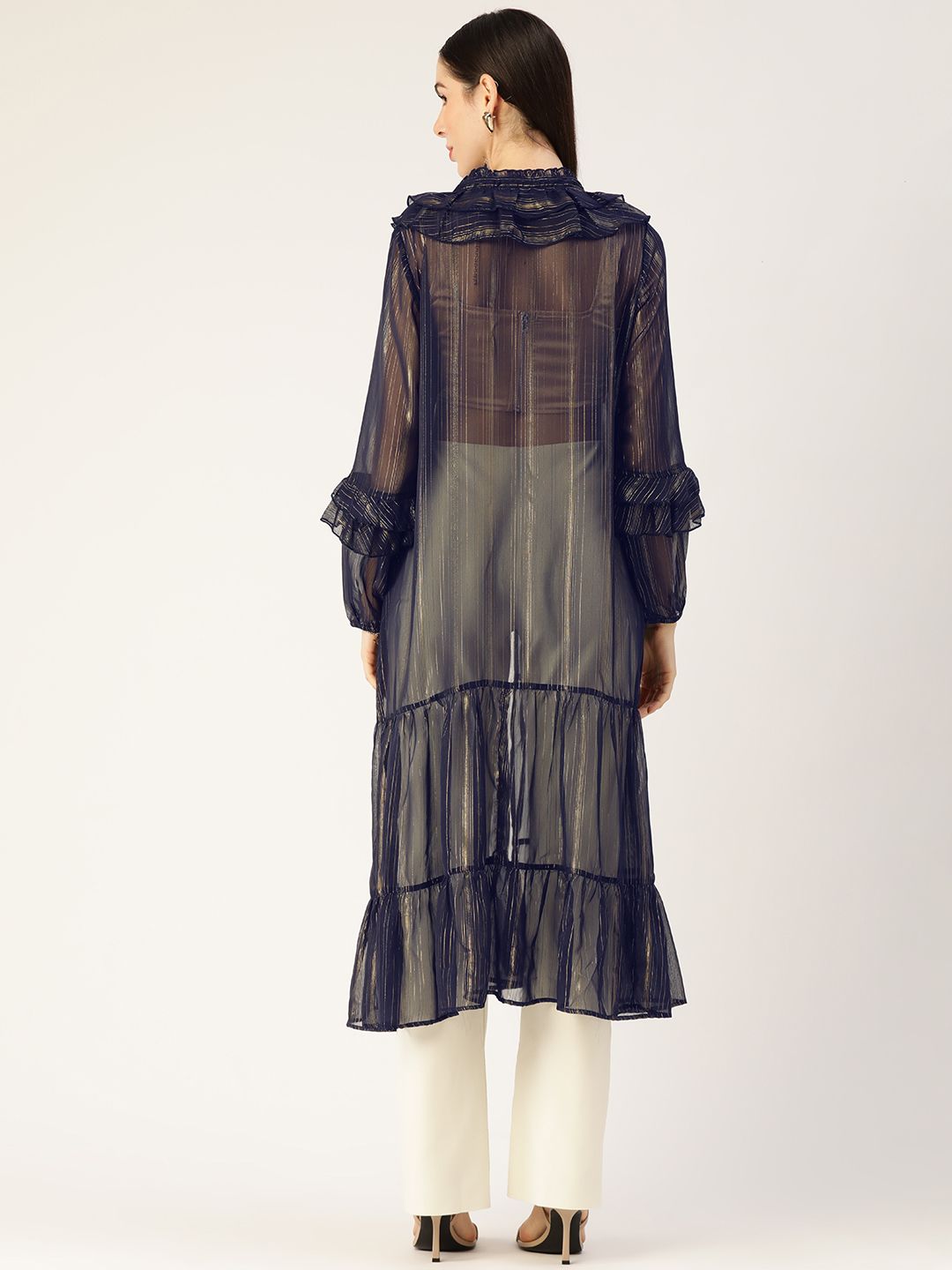 Antheaa Women Navy Blue Solid Longline Tie-Up Shrug