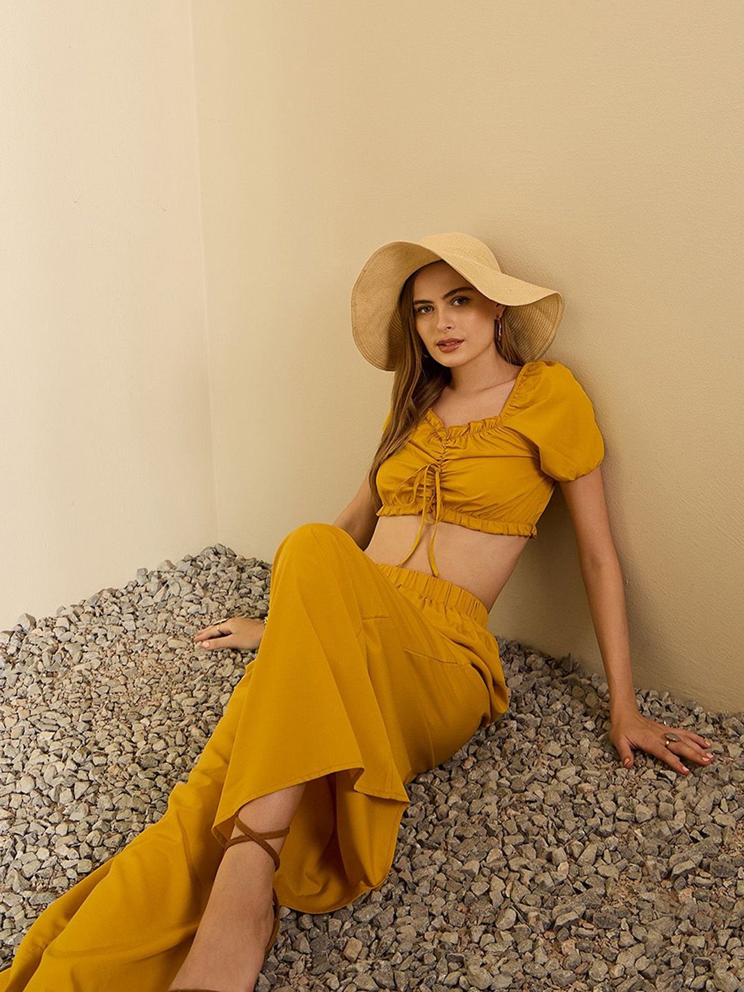 Berrylush Yellow Sweetheart Neck Crop Top With Palazzos