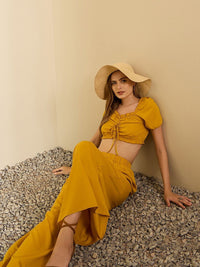 Berrylush Yellow Sweetheart Neck Crop Top With Palazzos
