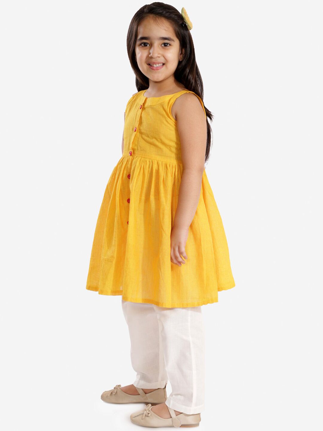 VASTRAMAY Girls Mustard Yellow Empire Pure Cotton Kurti with Trousers
