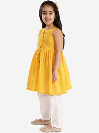 VASTRAMAY Girls Mustard Yellow Empire Pure Cotton Kurti with Trousers