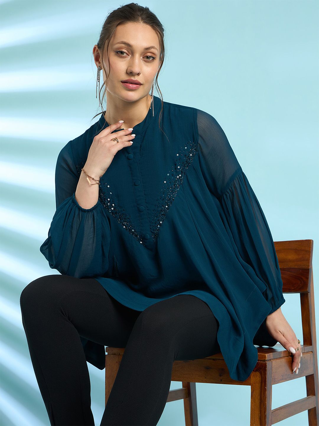 Antheaa Embellished Mandarin Collar Bell Sleeve Chiffon Top