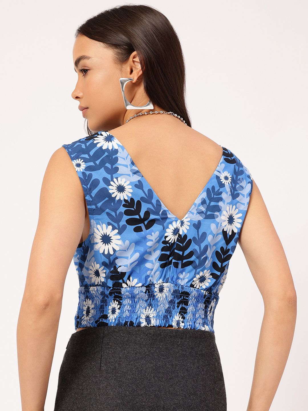 DressBerry Artsy Florals Smocked Blouson Crop Top