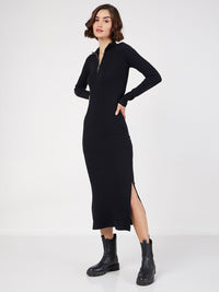 SASSAFRAS Black Ribbed Bodycon Midi Dress