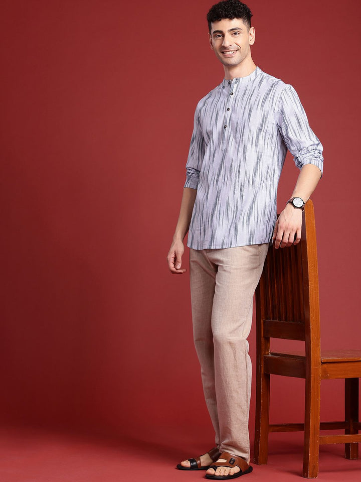 Anouk Men Ikat Printed Mandarin Collar Pure Cotton Short Kurta