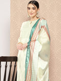 Libas Women Cream-Coloured Floral Printed Chanderi Silk Kurta with Trousers & With Dupatta