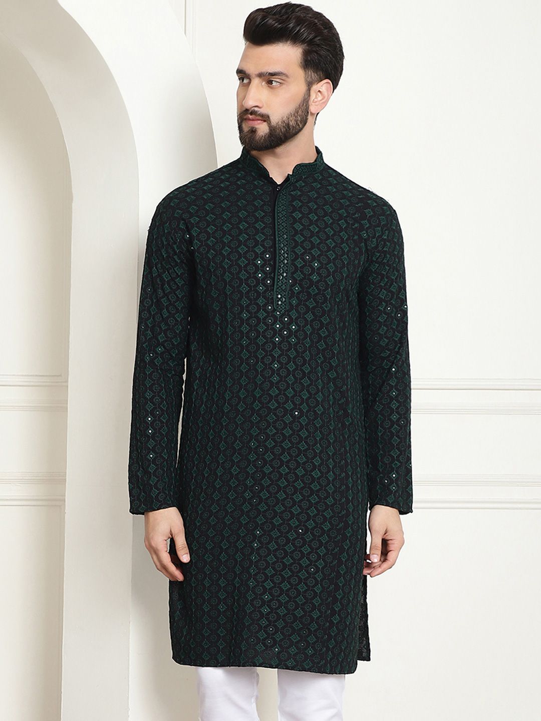 SOJANYA Ethnic Motifs Embroidered Mandarin Collar Sequined Pure Cotton Straight Kurta