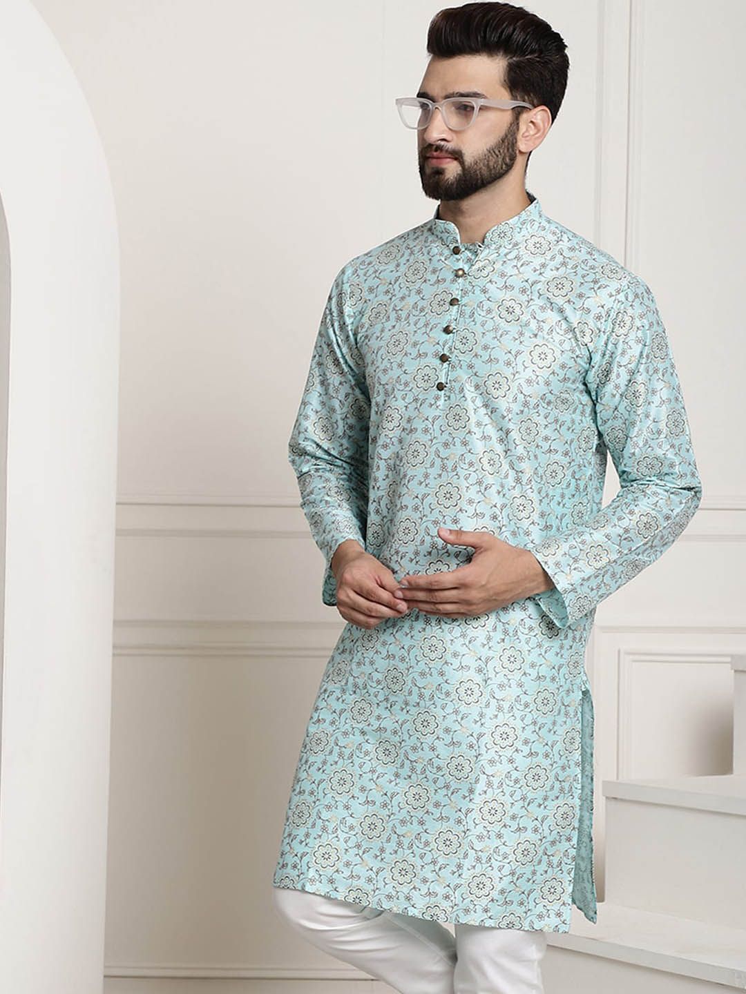 SOJANYA Floral Woven Design Mandarin Collar Silk Cotton Kurta