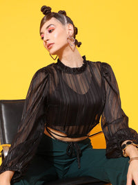 STREET 9 Black Embellished Georgette Blouson Frilled Neck Top