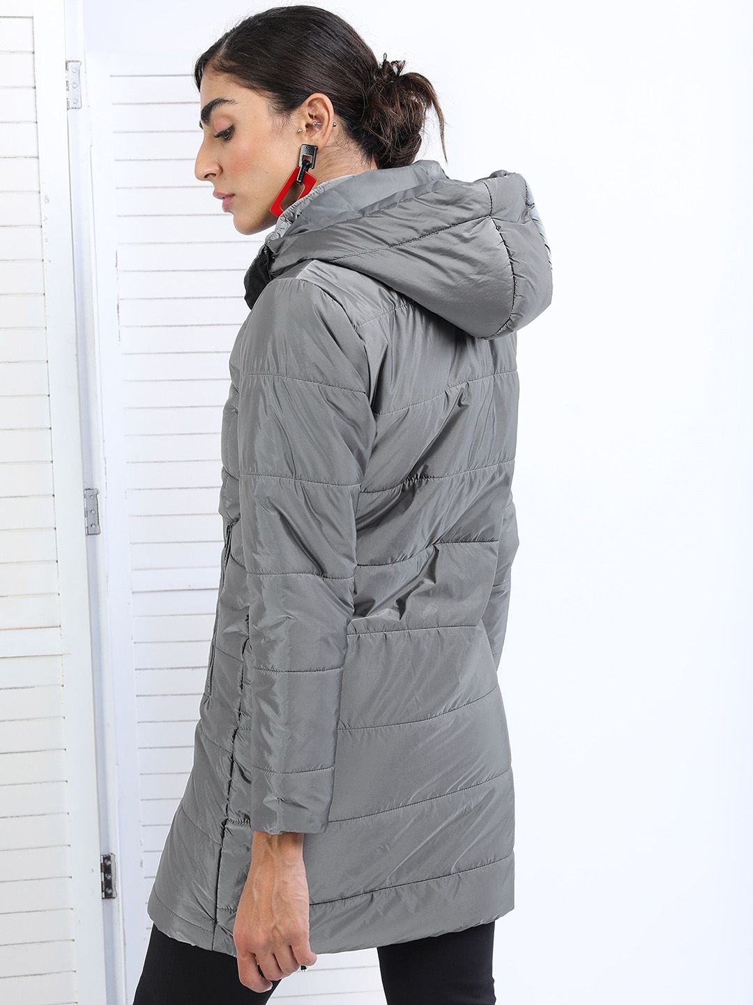 Tokyo Talkies Women Charcoal Solid Nylon Longline Hooded Padded Jacket