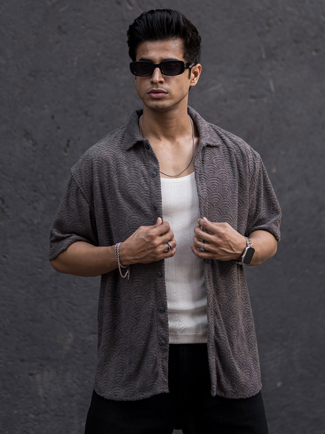 Powerlook Grey India Slim Oversized Fit Jacquard Self Design Casual Shirt