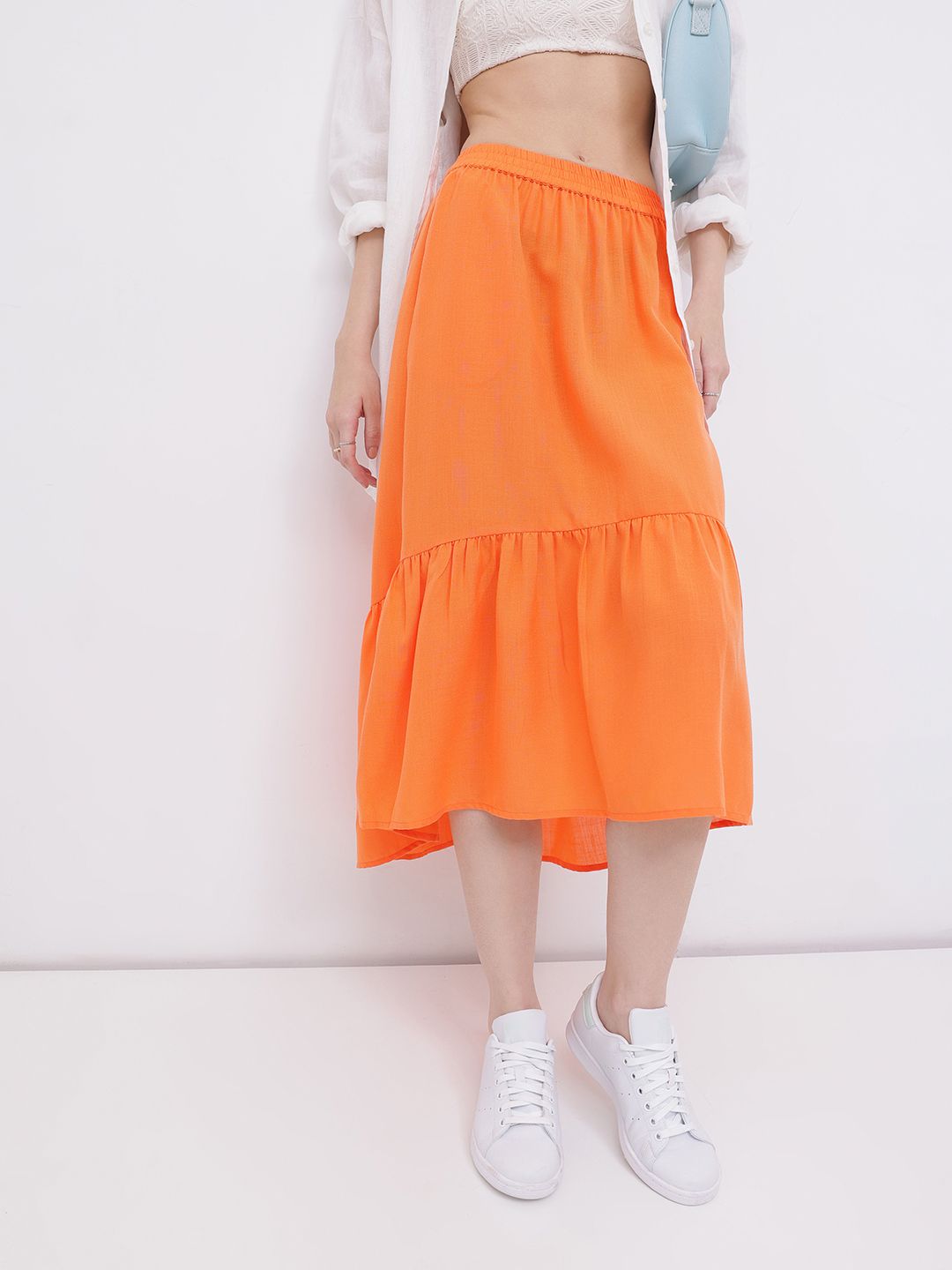 DressBerry Women Dream In Orange Gathered A-line Midi Skirt