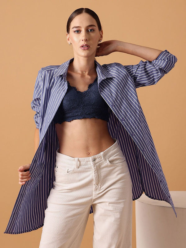 STREET 9 Comfort Oversized Striped Spread Collar Long Sleeve Cotton Shirt