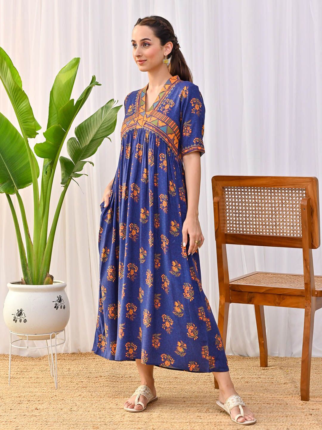 Rustorange Floral Printed V-Neck Gathered A-Line Midi Ethnic Dress