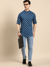 Anouk Men Pure Cotton Band Collar Checked Indigo Kurta