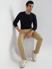 Raymond Men Navy Blue Solid Cable Knit Pullover