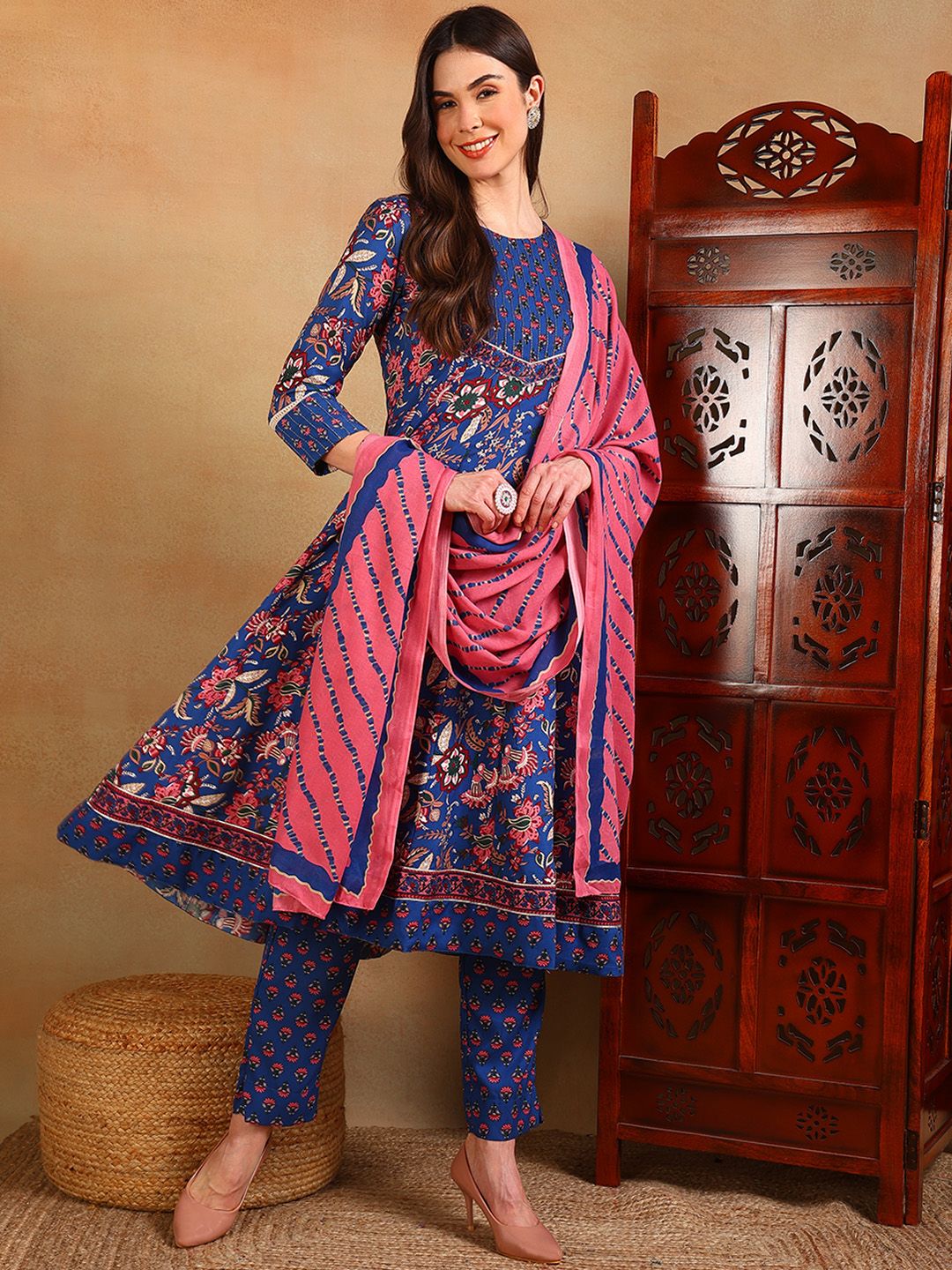 KALINI Ethnic Motifs Printed A-Line Kurta With Trousers & Dupatta