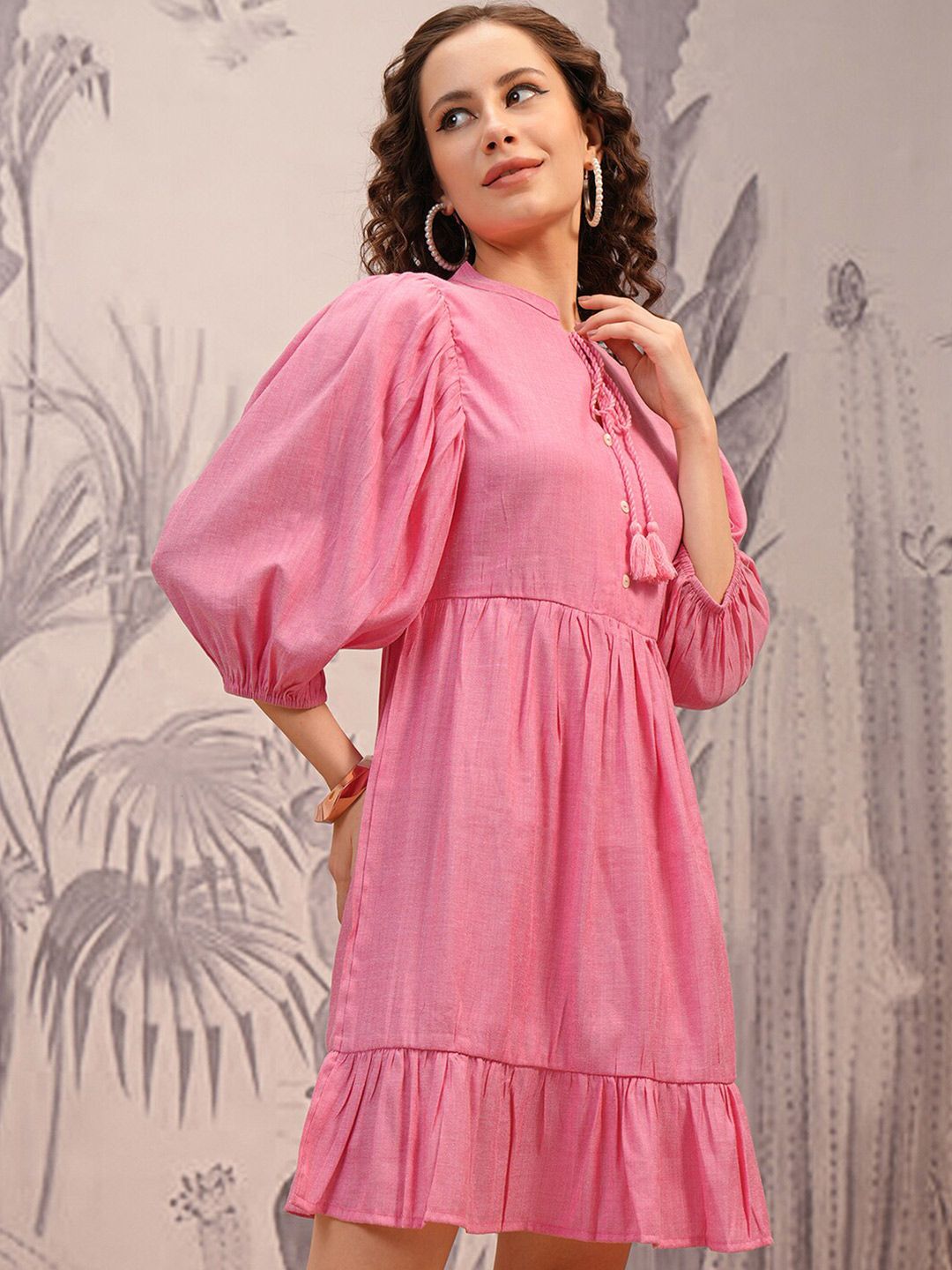 Vishudh Pink Tie-Up Neck Puff Sleeves A-Line Dress