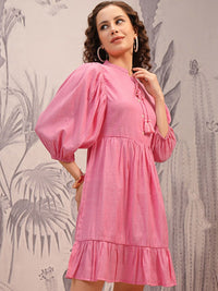 Vishudh Pink Tie-Up Neck Puff Sleeves A-Line Dress