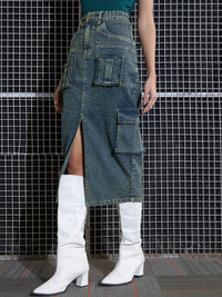 SASSAFRAS Green Washed Cargo Pencil Midi Denim Skirt