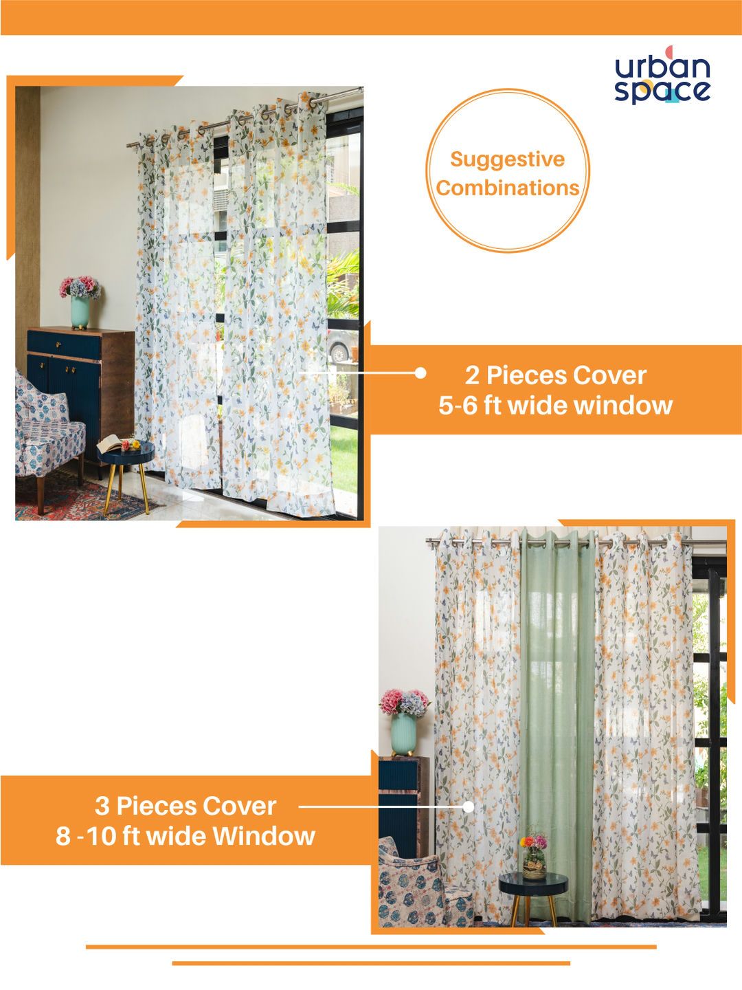 URBAN SPACE Yellow & White Set of 2 Floral Sheer Window Curtain