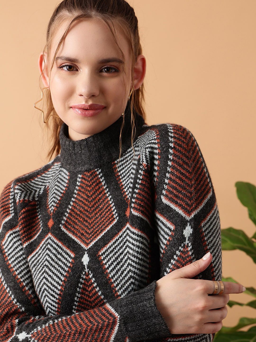 STREET 9 Geometric Printed Turtle Neck Crop Acrylic Pullover Sweater
