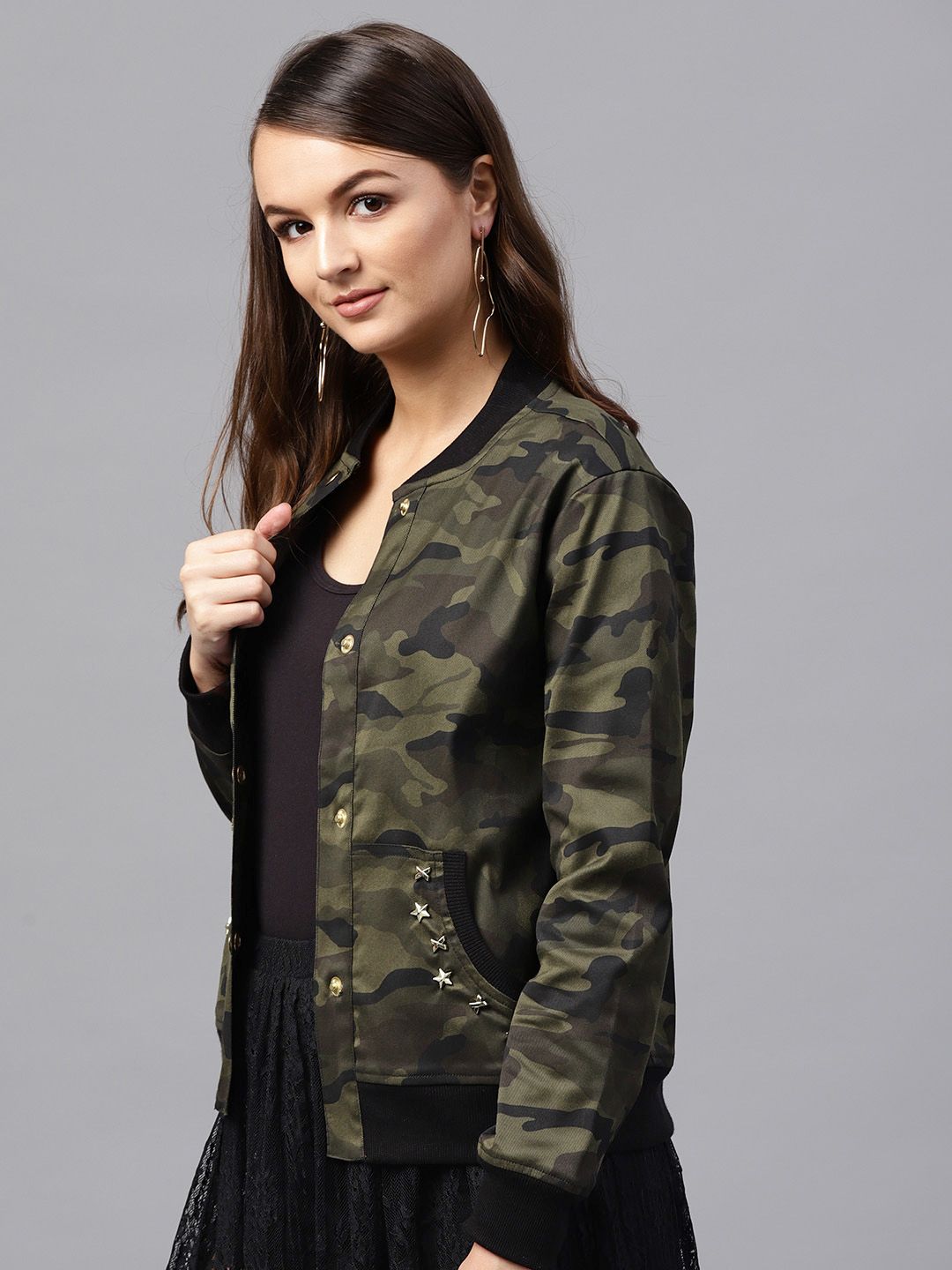 SASSAFRAS Women Olive Green & Black Printed Bomber Jacket