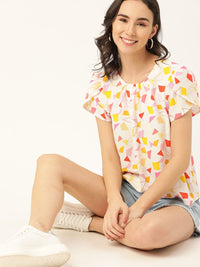 DressBerry White & Pink Geometric Printed Puff Sleeves Top