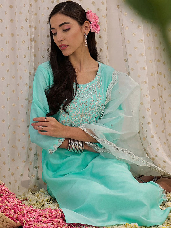 Indo Era Floral Embroidered Sequinned Straight Kurta With Trousers & Dupatta