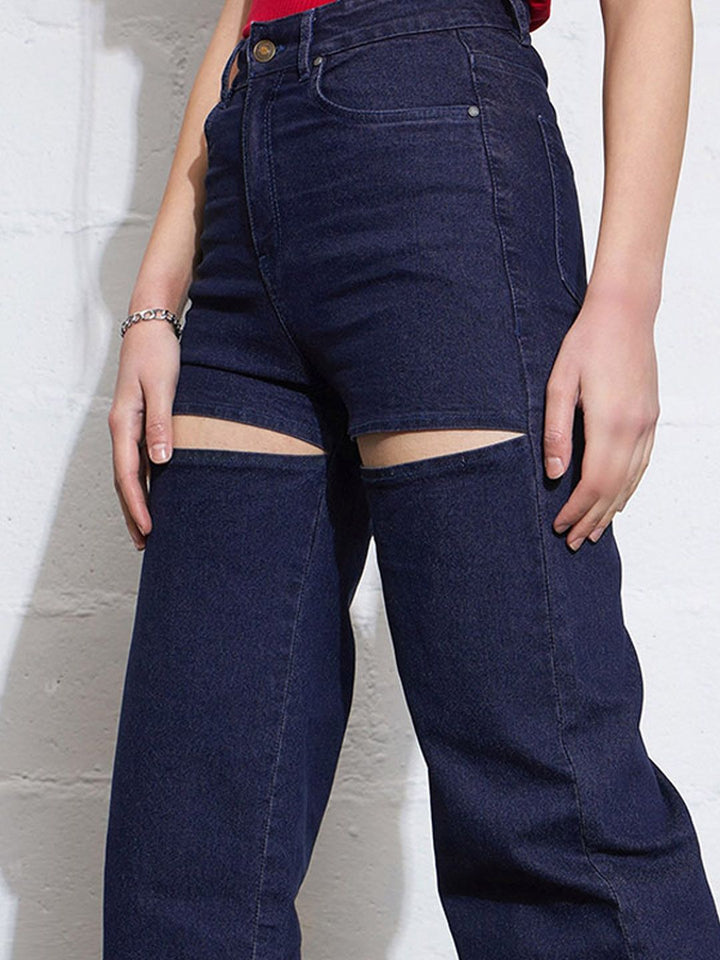 SASSAFRAS Women Straight Fit High-Rise Slash Knee Stretchable Jeans